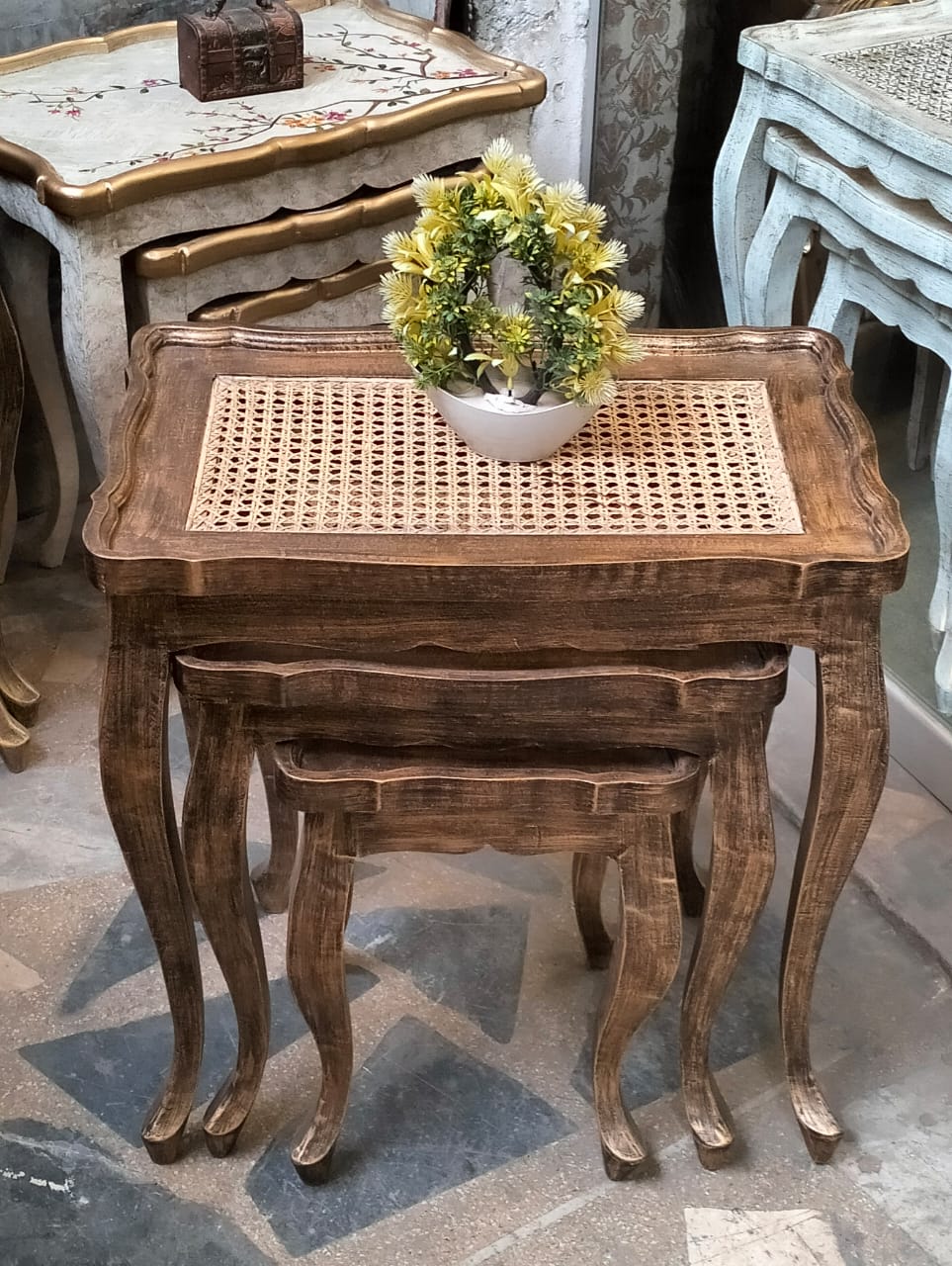 Nesting Tables with chalk finish and Cane work