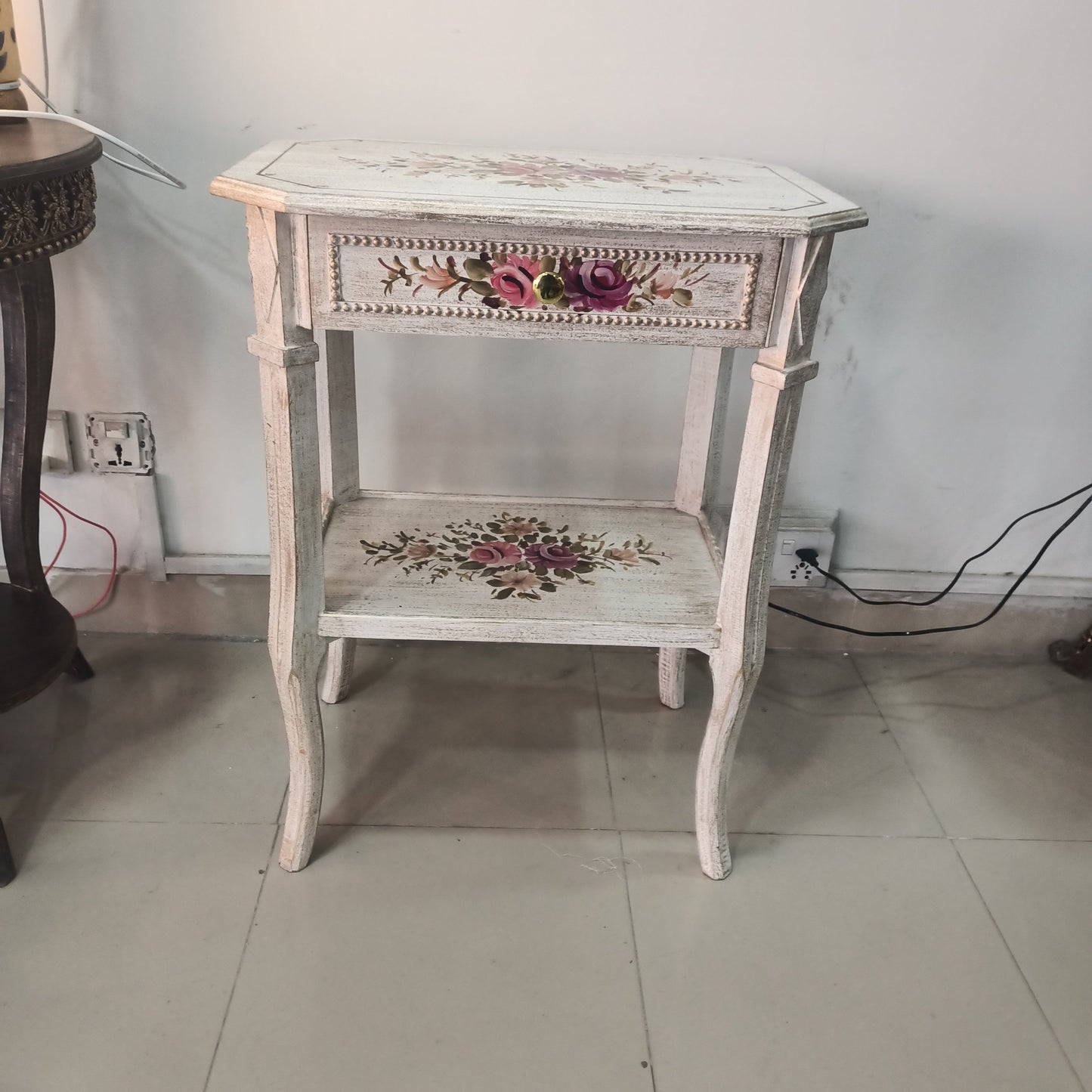 Corner / Side Table with Floral Art with Drawer and Chalk Finish