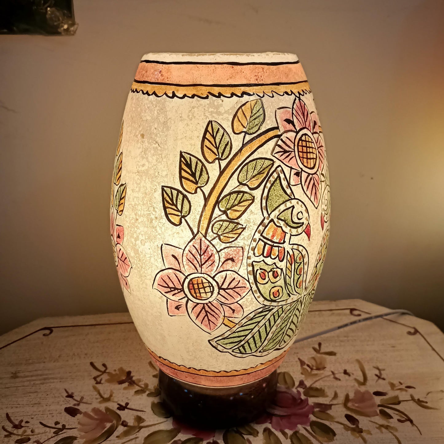 Floral Art With Parrots Painted on Camel Skin Table Lamp